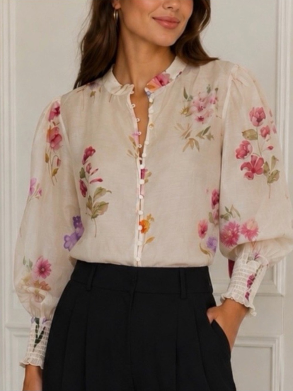 Bailey 44 Cream Floral Button-Front Puff Sleeve Blouse